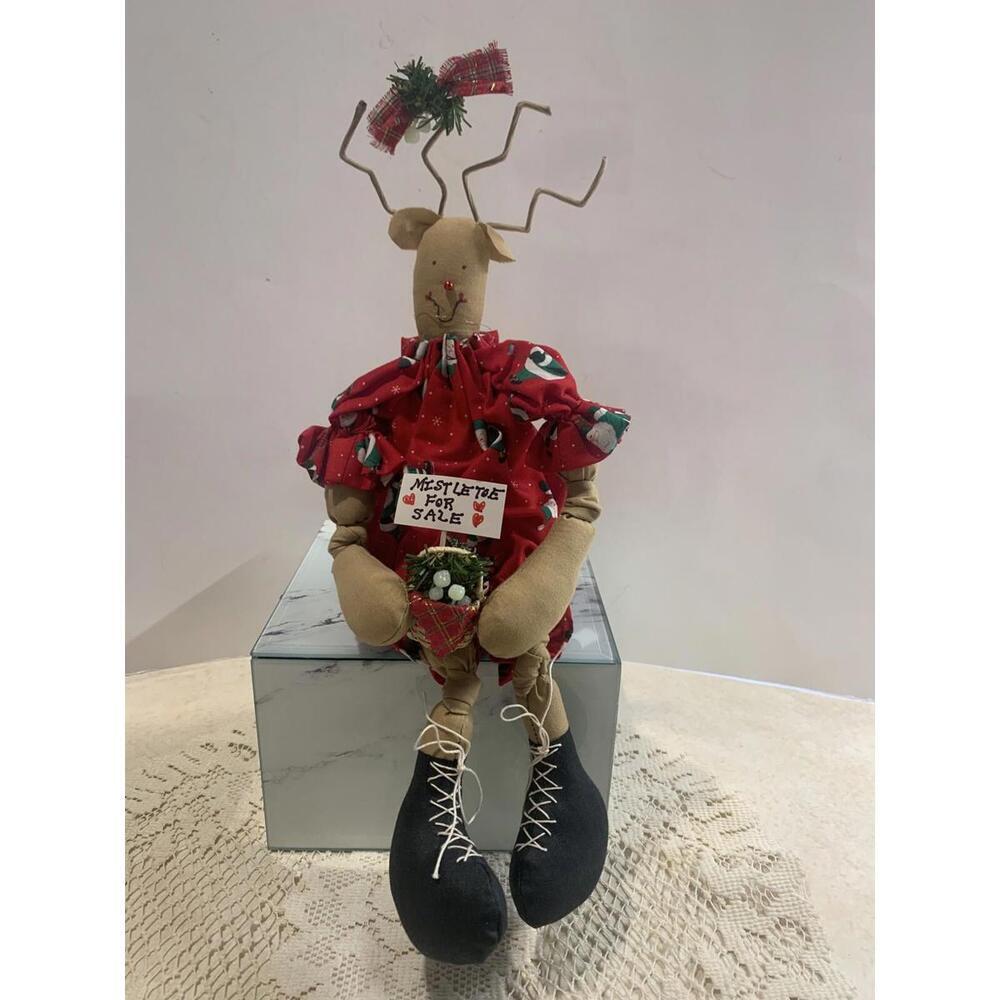 Vintage‎ Handmade Reindeer Shelf Sitter Holding Mistletoe For Sale